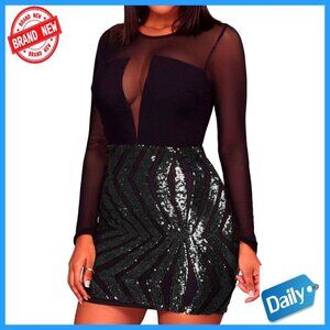 Sheer Mesh Long Sleeve Sequin Dress Plus Size Club Night Out Y2K